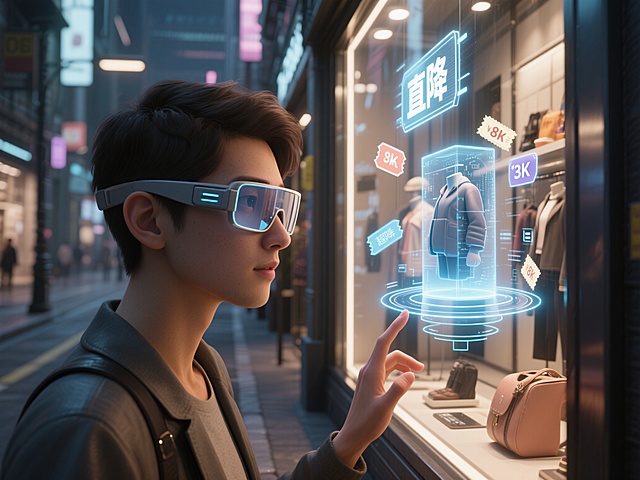 赛博朋克风街头，青年佩戴AR眼镜互动虚拟橱窗，霓虹光影交织，金属质感与玻璃反射碰撞，科技感十足的未来购物场景。