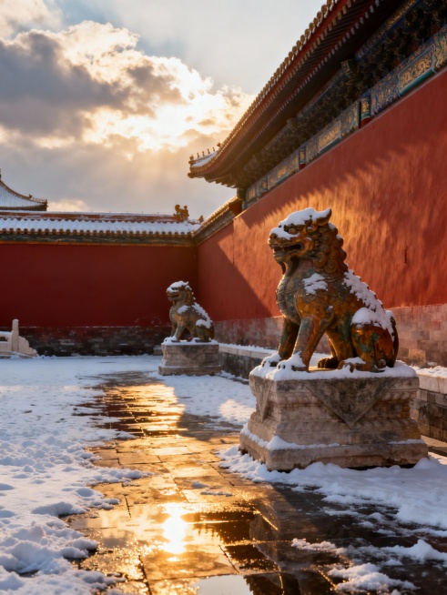 生成故宫下雪了的10张小红书配图和1张封面图，结合文案：落雪紫禁城｜北京初雪已至，故宫又美成了千年前的模样
文案
北京终于下雪啦❄️当雪花落在故宫的檐角、红墙、汉白玉台基上，朱红与雪白撞出的，是独属于预览效果