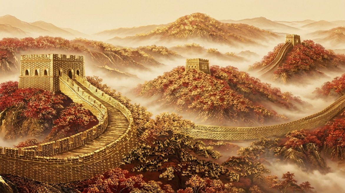 参考上传的金色长城风景图，生成高清的金色长城，山间有云雾缭绕，植被呈暖红金色调，整体风格大气磅礴，画质高清预览效果