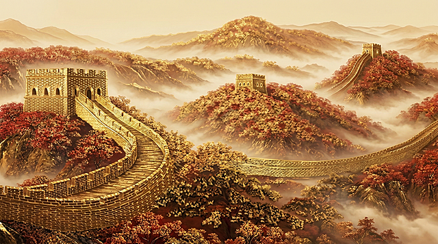 参考上传的金色长城风景图，生成高清的金色长城，山间有云雾缭绕，植被呈暖红金色调，整体风格大气磅礴，画质高清
