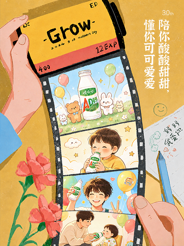 将胶卷第四张图替换为用户提供的父子喂喝AD钙奶的新图像，保持整体插画风格一致，构图和其他部分不变