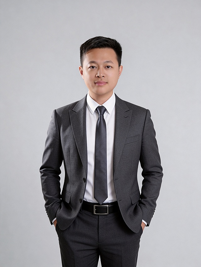 参考第一张图保留人物脸型､年龄等特征生成职场形象照,参考第二张图人物占位和比例,标准焦段50mm,F/4光圈(F/2.8-F/4区间),平视视角(镜头与人物视线齐平);人物占画面70%,人物居中(居中构图),位于画面中心,为视觉聚焦点,入境范围头部及以下至臀部区域(半身像);左右留少量背景空间;头部与画面顶部保留5%空间;头部发型完整;肤质白皙细腻,头肩比例协调,身穿修身精纺羊毛混纺面料的深灰色西装外套,平驳领(商务感正式感);内搭白色翻领衬衣,搭配高级深灰色领带(含5%桑蚕丝提升柔光质感),下装精纺羊毛混纺面料的高级深灰色西裤(面料同西装),搭配暗色哑光皮带(宽1.5cm),带扣为长方形拉丝黑色金属(1.8cm×2.5cm);呈正面双手插兜的自然站立姿态:肩颈自然松弛下沉,姿态自信从容｡正式严谨专业稳重,身形匀称,姿态端正｡发梢微微修整干练大气,主体锐利,影棚侧光布光(主光来自画面前方),明暗过渡柔和,背景光线均匀,强化色彩对比的高级感｡哑光极简浅灰度纯色背景(呈现均匀柔和质感),极简干净;32K画质超高分辨率､细节清晰,整体风格雅致､兼具现代精致感;肤质精细化处理;眼神直视镜头,目光坚定且澄澈,表情自然.嘴角上扬;肌肤白皙透亮,柔光提亮,细腻无瑕,通透高级,干净清透肤质,肤色均匀,柔光美白细腻陶瓷肌肤,自然提亮,光影柔和通透水光肌,肤质细腻平滑干净哑光肤质,无油光无暗沉,肤色均匀提亮;杰作,最佳画质,超高细节,写实摄影,中近景人像,面部清晰,五官精致,皮肤细腻通透,白皙清透皮肤,干净肤色,健康肤色,无蜡黄,无暗沉,无黄皮,柔光,正面补光,面部光线均匀明亮,无浓重阴影,冷色调白平衡,画面干净清新,色调明亮,对焦清晰,肤质细腻,高清皮肤细节;面部光比1:1.5,4800K中性光,微微修饰脸型,肤质哑光细腻,面部微微雾面柔光,轻透裸肌感,真实毛孔纹理,32K画质,去除人物之外的所有元素｡严格按照第一张图内容生成｡