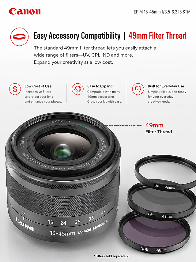 根据佳能EF-M 15-45mm f/3.5-6.3 IS STM的卖点生成一套完整的速卖通详情页，设计一套完整的10屏详情页，需要每屏详情页都突出产品的卖点，输出的图片每一屏都必须是竖版的 3:4 尺寸，简约符合佳能的品牌调性，高转换率，英文文案，文字清晰
