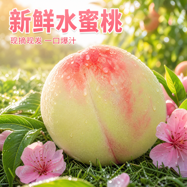 [主图-1] 甜心水蜜桃首图，新鲜果园产地直发现货展示。保持水蜜桃粉绿渐变果皮、圆润外形与原图保持一致，杜绝变形色差。整颗完整水蜜桃放在天然草地上，周围散落新鲜桃叶和桃花点缀，整体自然清新氛围。商品主预览效果