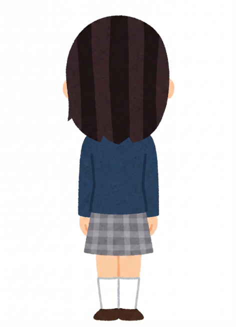 生成这个卡通女学生的背面视角，保留相同的发型、深蓝色制服外套、红领结、格子短裙和白色长袜，保持和原图一致的手绘质感和风格预览效果