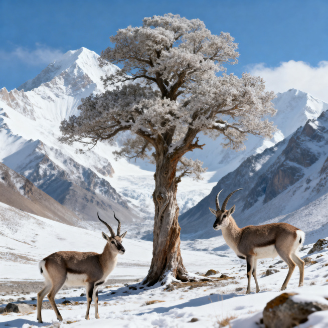 雪山藏羚羊和生命树，自然纯净的高原场景，藏羚羊在雪山之间，一棵神圣奇幻的生命树矗立在画面中，整体风格自然静谧，超清画质，极致细节，纹理清晰预览效果