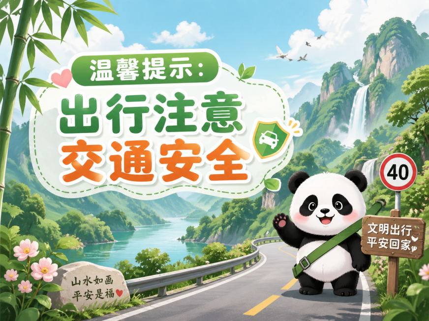 横版温馨提示图，提醒大家出行注意交通安全，背景为清新秀丽的山水风景，画面中有可爱的熊猫元素，整体风格温馨自然，包含文字内容"温馨提示：出行注意交通安全"预览效果