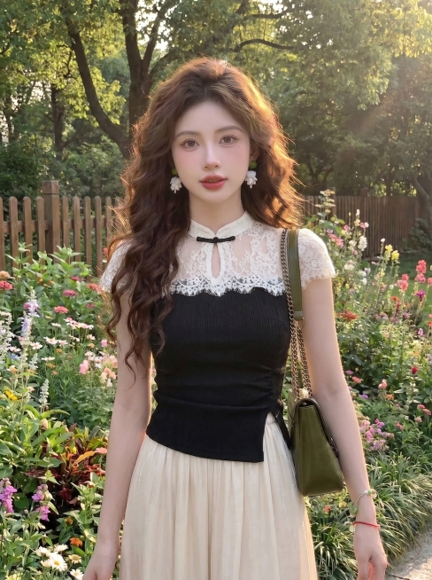 将图2中人物的衣服替换为图1的黑白拼接蕾丝改良旗袍上衣和米白色半身长裙，保留人物姿势、发型、配饰和花园背景不变预览效果