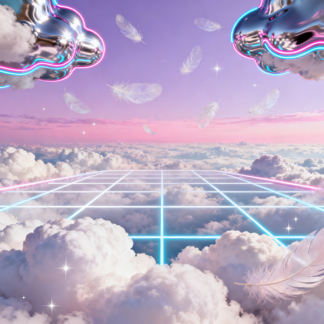 画面以高空云海为主体，从下到上是层次丰富的云朵：底部是厚重蓬松的积云，中间是轻薄的层云，上方是粉紫渐变的天空，营造出 “云端之上” 的空灵视角，自带温柔治愈的氛围。画面中穿插着发光的白色和淡蓝色线条网预览效果