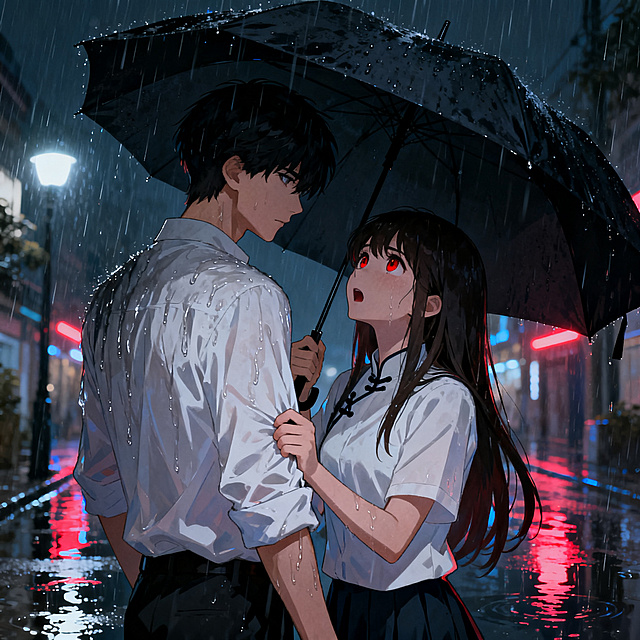 Masterpiece, best quality, ultra-detailed, 2D anime style, light novel cover illustration. A handsome high school boy with short black hair and a cold expression, and a beautiful clever-looking girl with long hair. They are wearing classic Chinese high school uniforms (white shirts). It is raining heavily at night on a street. The boy holds a large black umbrella, but the umbrella is drastically tilted to cover the girl entirely, leaving his own right shoulder and back completely soaked by the heavy rain. The girl is looking up at him with red eyes and a shocked expression, grabbing his wet sleeve. Cinematic lighting, dim street lamps, puddles reflecting neon lights, high emotional tension, unspoken love, romantic and dramatic atmosphere.