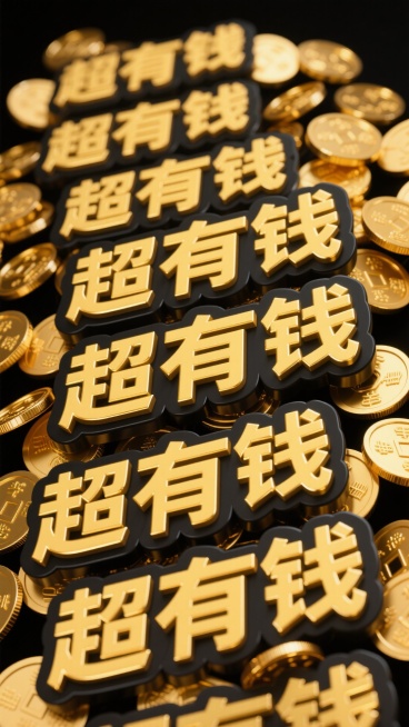 黑色背景上，大量 “超有钱” 文字以荧光金色立体字粗体（带黑色外框）重复密集，重复交叠，与金色铜钱交错叠放预览效果