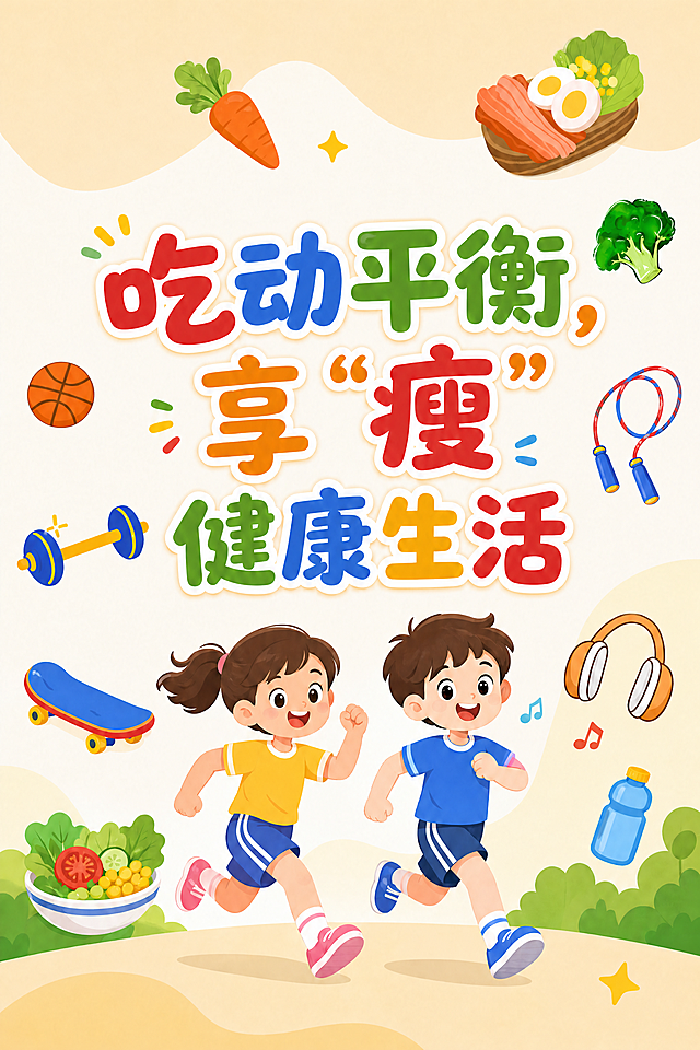 修改海报，去掉西瓜元素，保持原有简洁明亮卡通风格，保留其他元素和文字内容“吃动平衡，享“瘦”健康生活”，保持色系和尺寸不变