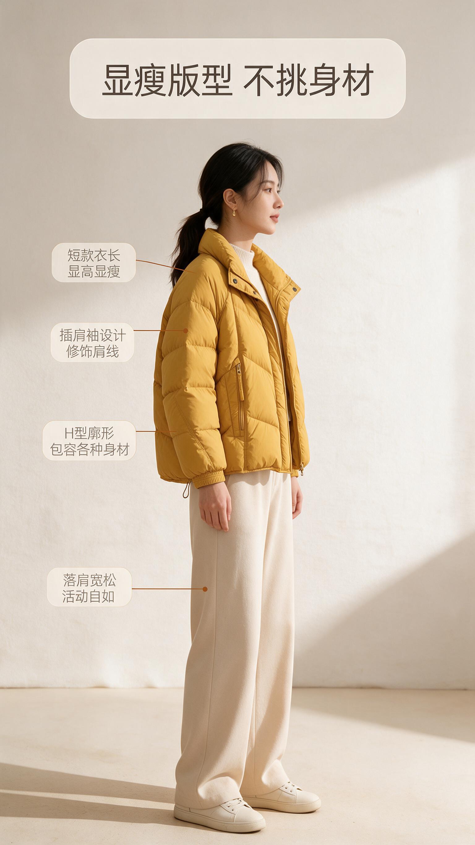 [商品] 使用【图1】姜黄色立领短款羽绒服；商品处理：保留立领… - 图片创意预览