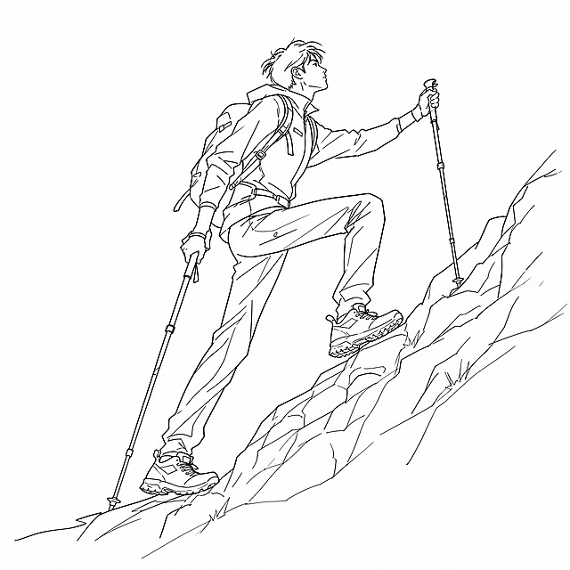 超简约手绘线稿风格年轻男性登山者，修长的人物比例，黑白线条画，抽象概括线条，大透视角度，强烈视觉张力，登山穿搭，身穿速干衣和长裤，脚穿登山鞋，手持登山杖，攀登姿势，用简洁流畅的线条概括人物形态，白色背景，纯线稿无填充色，矢量风格，概括细节，手绘感，全身像