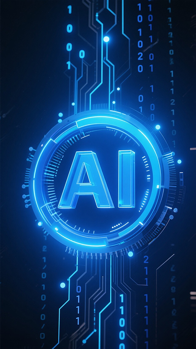 深邃的深蓝色背景上，以发光的蓝色圆形光环为中心，内部用科技感十足的半透明立体字体呈现“AI”字样，光环周围环绕着向上延伸的电路板线路和闪烁的蓝色光点，背景中散布着垂直排列的二进制数字“0”和“1”，整体呈现出未来感与科技感的人工智能主题，光影效果柔和且具有层次感，线条流畅细腻，营造出神秘而先进的氛围。