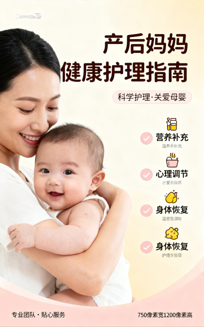 产后妈妈健康护理宣传海报，温馨暖色调，简约干净设计，适合母婴健康宣传，尺寸750像素宽1200像素高预览效果