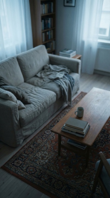 realistic cinematic style.
A top-down view of a quiet living room in a private apartment, early morn预览效果