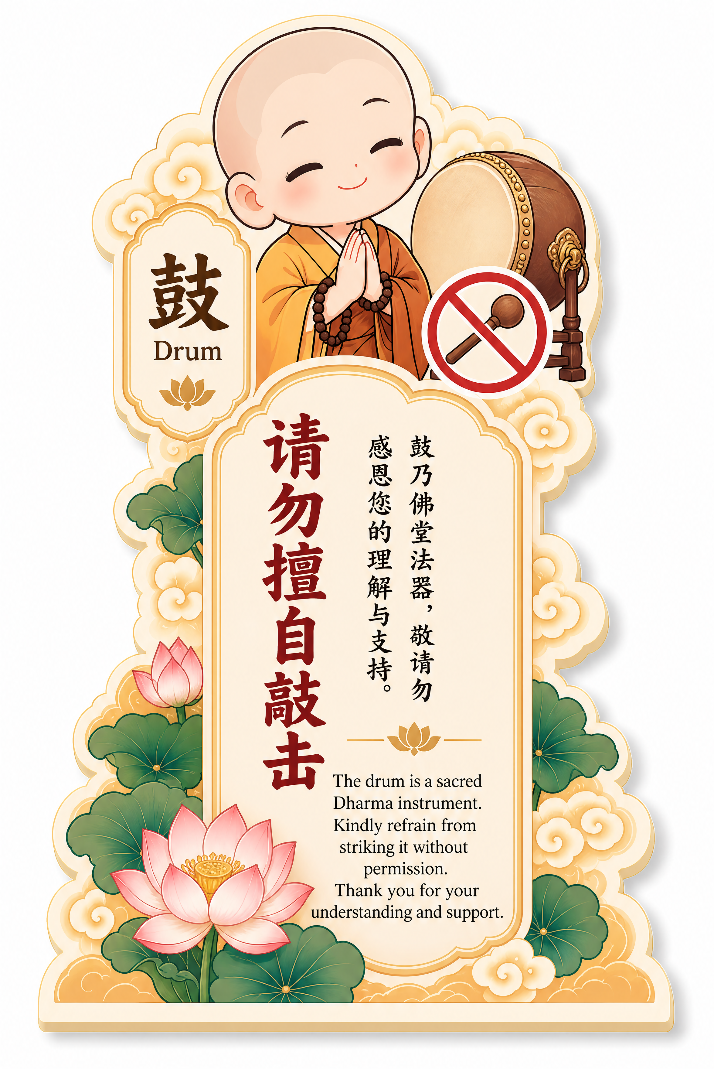 参考图版式复刻，将钟替换为鼓，生成一张佛堂温馨提醒站立牌设计图… - 图片创意预览