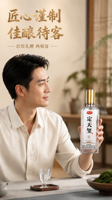 [第5屏] 模特展示，亚洲成年男性半身模特手持定天玺白酒展示生活氛围感。本屏使用【图10】作为产品参考。
[氛围/风格] 雅致生活场景，商务休闲氛围感，自然真实摄影质感。
[元素布局] 模特侧身，肩部预览效果