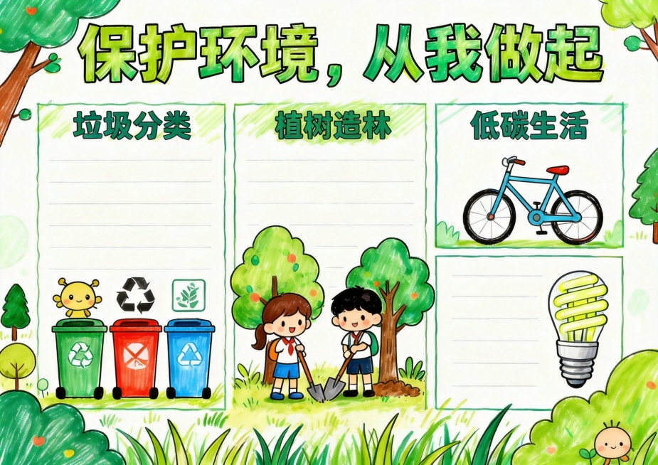 保持这张保护环境手抄报原图的马克笔风格、排版布局和整体构图，修正图片中的错误文字"植树植块"为正确文字"植树造林"，其他文字和图案保持不变，重新生成完整彩色图预览效果