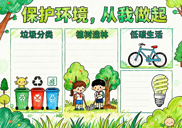 保持这张保护环境手抄报原图的马克笔风格、排版布局和整体构图，修正图片中的错误文字"植树植块"为正确文字"植树造林"，其他文字和图案保持不变，重新生成完整彩色图