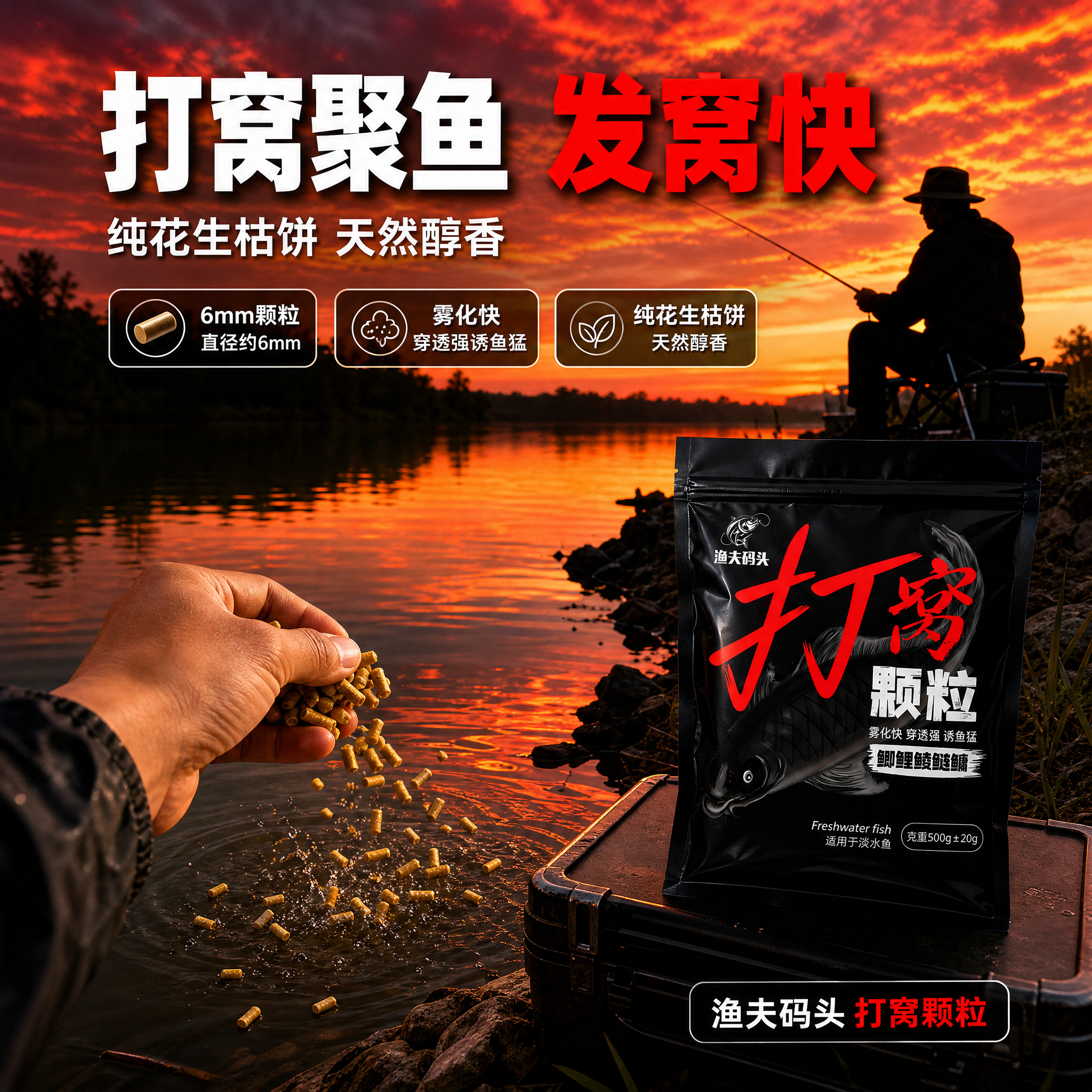 [主图-4] 真实使用场景图：火烧云黄昏河岸打窝，垂钓者剪影与… - 图片创意预览