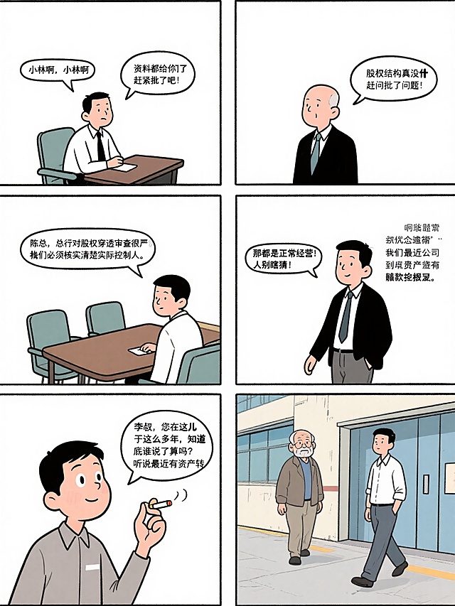 第二幕：抽丝剥茧的调查
 
时间：当日下午
地点：借款企业厂区
道具：记录本、手机、企业宣传册
 
（林远和小王来到企业，在会议室等待许久后，陈总终于出现）
 
陈总：（态度敷衍）小林啊，资料都给你们了，股权结构真没什么问题，赶紧批了吧！
 
林远：（坚持）陈总，总行对股权穿透审查很严格，我们必须核实清楚实际控制人。最近贵公司是不是有资产转让的情况？这可能影响贷款审批。
 
陈总：（脸色微变）那都是正常经营！你们年轻人别瞎猜！（起身准备离开）
 
（林远和小王无奈离开，在厂区门口遇到正在抽烟的老员工李叔）
 
林远：（递上一支烟，低声询问）李叔，您在这儿干了这么多年，知道公司股权到底谁说了算吗？听说最近有资产转让的事？
 
李叔：（犹豫片刻，小声说）实话说，表面股东都是挂名的，真正的老板是外地的……资产转让的事，好像是为了把优质资产转移到关联公司……但你们可别说是我说的！
 
林远：（眼神一亮，握紧李叔的手）谢谢！您放心，我们一定保密！