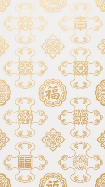 中式传统纹样底纹，整体采用白色背景搭配金色线条勾勒，保持原有的对称式四方连续构图和细腻流畅的线条质感，以卷草纹、回形纹、如意纹等经典中式吉祥图案替代原有的福字与团花组合，形成全新的传统几何纹样循环，金色线条呈现出柔和的哑光金属光泽，纹样排列疏密有致，整体风格典雅庄重，具有浓厚的东方传统文化韵味和精致的古典装饰美感。预览效果