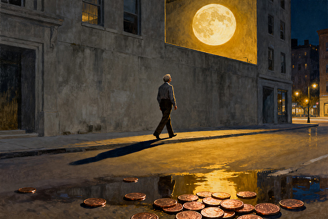 Wide cinematic shot: a middle-aged person in office clothes walks alone along a dimly lit city street at night, their shadow stretching long ahead. Above the grey concrete buildings, a brilliant full moon illuminates the scene with warm golden light. On the wet pavement below, scattered copper coins reflect city lights. The figure walks past the coins without looking up at the moon. Melancholic atmosphere, Edward Hopper inspired, muted tones with warm golden highlights.