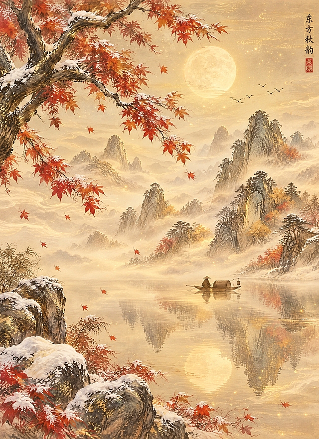 在保持原图整体构图、山水、红枫、明月、小舟、雪石和暖金色调不变的前提下进行编辑：1）将画面右上角竖排的书法文字内容替换为「东方秋韵」，保留原有竖排毛笔书法字体、字号、位置与陈旧墨色质感；2）将右侧红色印章内的文字改为「莱克」，保持传统朱红篆刻印章的外框形状、大小、位置与印泥质感；3）整体增强仙气飘飘的意境：在远山、江面与松林间叠加轻薄流动的云雾仙气，雾气在月下泛出柔和的暖金色微光，月光周围加入淡淡光晕与漂浮的光尘粒子，使山峦若隐若现、画面通透空灵，但不要遮挡主体山石与文字印章，不改变原有国风水墨工笔风格与配色。