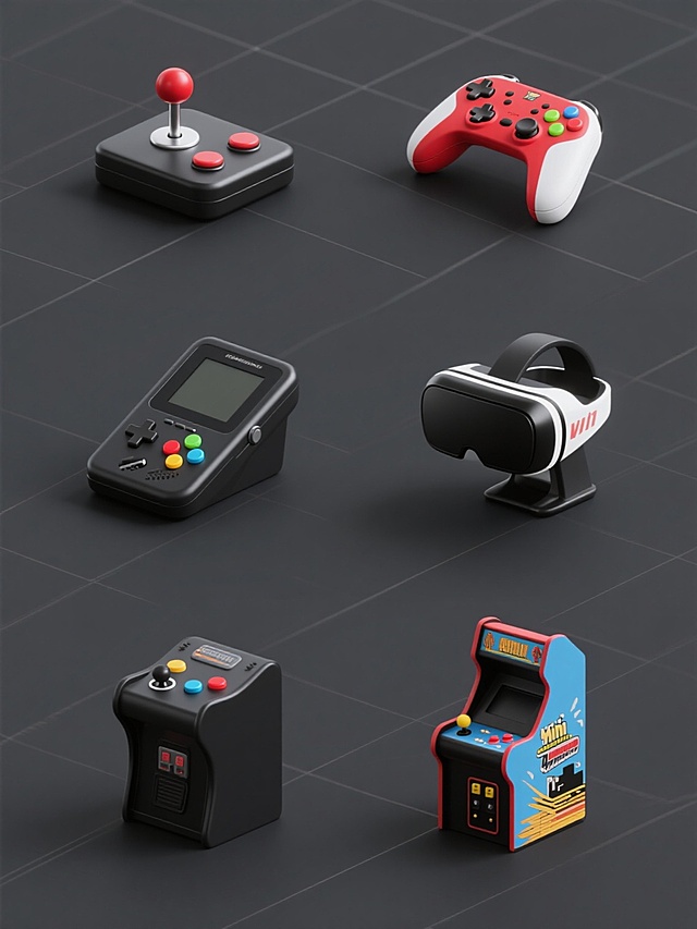 6个不同设计的现代电子游戏机元素集合，包括街机摇杆、复古掌上游戏机、便携式游戏机掌机、VR游戏手柄、红白复古游戏机主机、迷你街机，均采用高细节3D渲染，黑色为主色调搭配彩色功能按键，光滑塑料材质与磨砂质感结合，精准的光影投射和细腻阴影，纯色背景，规整网格排布，保持一致的写实简约风格，每个游戏机元素独立清晰，整体构图平衡有序