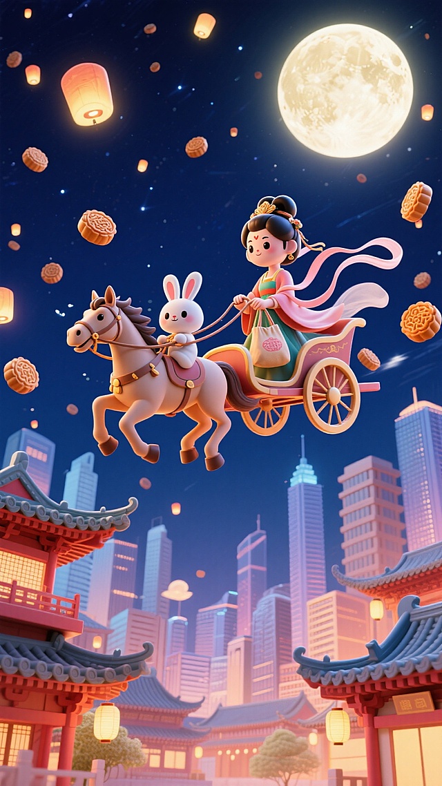 天空上Q版嫦娥驾着马车，拿着袋子，Q版小玉兔坐在马上，空中悬浮许多月饼，下方是传统中式建筑群与现代城市建筑交织的景观，背景夜空，点缀月亮和小灯笼