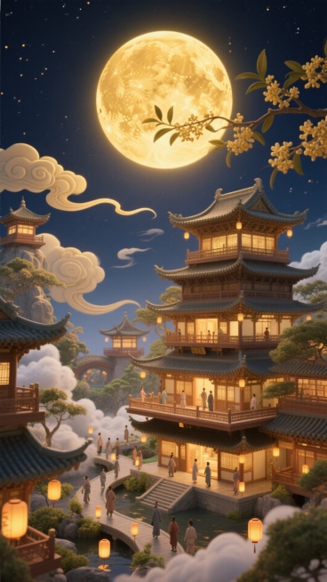 暖金色调，顶部设超大暖金圆月；圆月前点缀桂花枝，中下层借 S 型祥云贯穿，分层错落排布中式楼阁（上层小阁、中层主阁、下层复阁 ）；人物层于楼阁平台和云间小径点缀游园群像，背景明亮夜空，点缀小灯笼预览效果