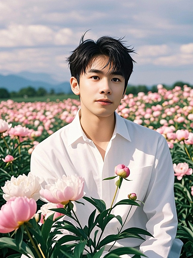 一个男生，在春夏的芍药花海里，文艺干净阳光