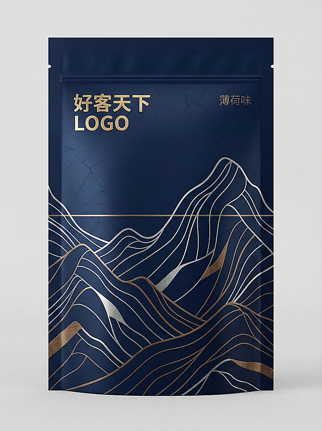 LOGO见附图。
正面提示词：
masterpiece, best quality, ultra-detailed, 8K, professional packaging design flat lay,
A luxurious betel nut packaging bag made of metallic foil,
Design Concept: "Fragmented Mountain Pattern" in ancient Chinese "Gold-Inlaid" style, representing an abstract Boshan incense burner.
Front view: Vertical composition. Deep royal purple background. A group of elegant, fragmented, geometric mountain lines erupt from the bottom, flowing upward and stopping at the golden ratio line. The lines are in antiqued bronze gold, with a slight metallic sheen, appearing as if inlaid into the surface. Negative space at the top.
Text "好客天下" in a classic Song typeface, embossed in muted gold at the top.
Overall style: Classical, luxurious, imperial, minimalist yet intricate, Guofeng.
Mint flavor variant: Change background to deep navy blue, mountain lines in silver and bronze, with subtle ice crack textures in the void.
Clean, high-end, sophisticated.

负面提示词：
worst quality, low quality, blurry, messy, cartoonish, plastic look, overly bright colors, symmetric design, realistic photo, photorealistic, 3D render, cluttered elements, red, yellow, modern minimalist, flat colors, no texture, childish