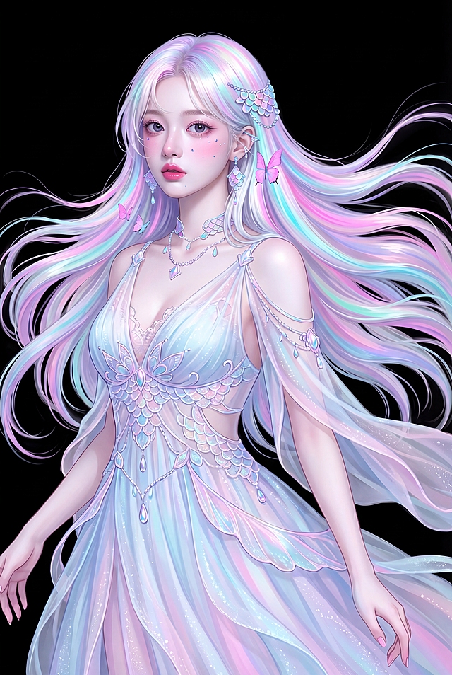 移除盔甲元素，补全展示完整的左右全部头发，调整人物尺寸让图片完整容纳所有头发，细化衣服细节，保留纯黑背景、飘逸薄纱质感服饰、浅淡蓝粉色鱼鳞元素和鱼鳞样式小首饰，保留原图人物五官和彩虹马卡龙发色风格