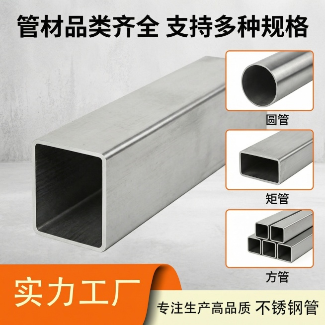 [主图 4] 不锈钢管材多规格全景展示
[氛围/风格] 工业风格，专业规整，展示全品类优势
[画面元素] 拼图布局，主区域放置大尺寸方管，右侧三个小图分别展示圆管、矩形管、小方管三种不同品类管材，所有预览效果