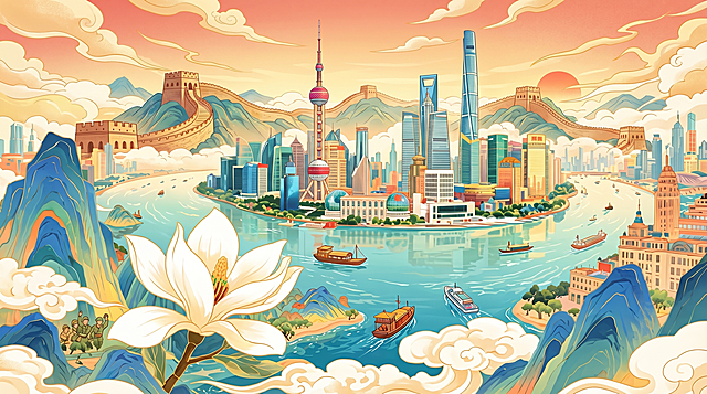 参考现有浦东陆家嘴国潮插画，巧妙融入长城轮廓，展现上海国际金融中心的繁荣发展，寓意钢铁长城守护城市安宁，军民同心共筑中国梦，国潮插画风格，16:9横版，温暖明快配色
