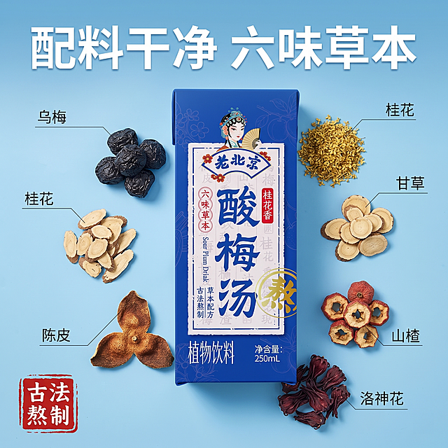 [主图-2] 核心卖点展示图，古法熬制六味草本；
[氛围风格] 冰爽清凉国风，清爽干净；
[画质] 商业摄影质感，光线通透，产品清晰真实，画面干净高级，保持酸梅汤包装外观与输入产品图绝对一致，杜绝变形色差，精细化处理；
[元素] 一盒酸梅汤包装居中，周围摆放核心原料，包括乌梅、桂花、甘草、山楂、洛神花、陈皮六种草本原料，新鲜干净自然，原料围绕产品摆放。商品主体占比约70%，画面满屏无边框。
[光影] 柔和冷调自然光，突出原料新鲜与产品质感，光影通透层次自然。
[配色] 主色调蓝色搭配原料自然浅色系，清爽不夸张，自然和谐。
[视角构图] 平视角度，中心构图，景深适中。
[文字版式] 顶部大字主标题"配料干净 六味草本"，白色粗体；每个原料用极细引线连接小字标注名称，清晰对应；左下角标注"古法熬制"红色印章风格。文字清晰不遮挡主体，对比强烈。
[比例分辨率] 1:1 比例，2k 分辨率，文字清晰可辨，超高清。
[负向提示词] 变形，水印，文字错乱，产品图模糊，背景杂乱，颜色夸张失真