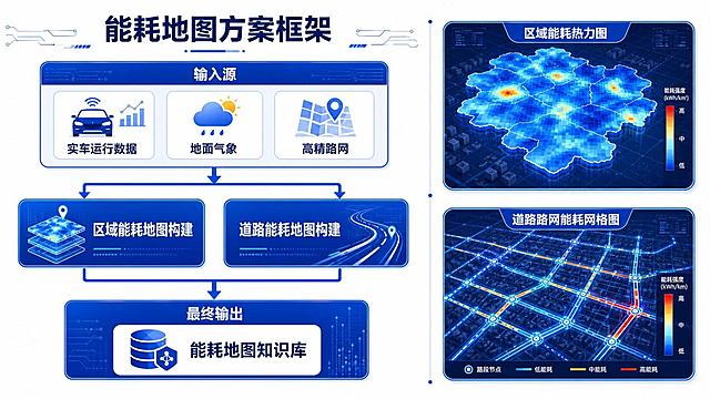 新能源汽车车联网业务能耗地图方案框架图，扁平化设计，蓝色系科技风格，数字孪生主题，16:9横版布局，2K分辨率。

整体结构：左侧为数据流架构文字说明，右侧为两张配图缩略图，布局清晰对称，文字排版整洁专业。

左侧文字区域内容（从上到下）：
1. 顶部标题："能耗地图方案框架"
2. 输入源模块（蓝色矩形框）：标题"输入源"，下方三个并列子项："实车运行数据"、"地面气象"、"高精路网"
3. 双链路模块（两个并排蓝色流程框）：左侧"区域能耗地图构建"，右侧"道路能耗地图构建"，用箭头从输入源指向双链路
4. 输出模块（底部蓝色矩形框）：标题"最终输出"，内容"能耗地图知识库"，用箭头从双链路指向输出

右侧配图缩略图区域（上下排列两张小图）：
1. 上方缩略图：区域能耗热力图示意，蓝色渐变热力分布，标注"区域能耗热力图"
2. 下方缩略图：道路路网能耗网格图示意，蓝色网格线条构成的路网，标注"道路路网能耗网格图"

设计风格：扁平化图标，深浅蓝色渐变，白色背景，科技感线条，清晰的箭头流向，商务专业排版，字体简洁现代，整体色调统一为蓝色系。