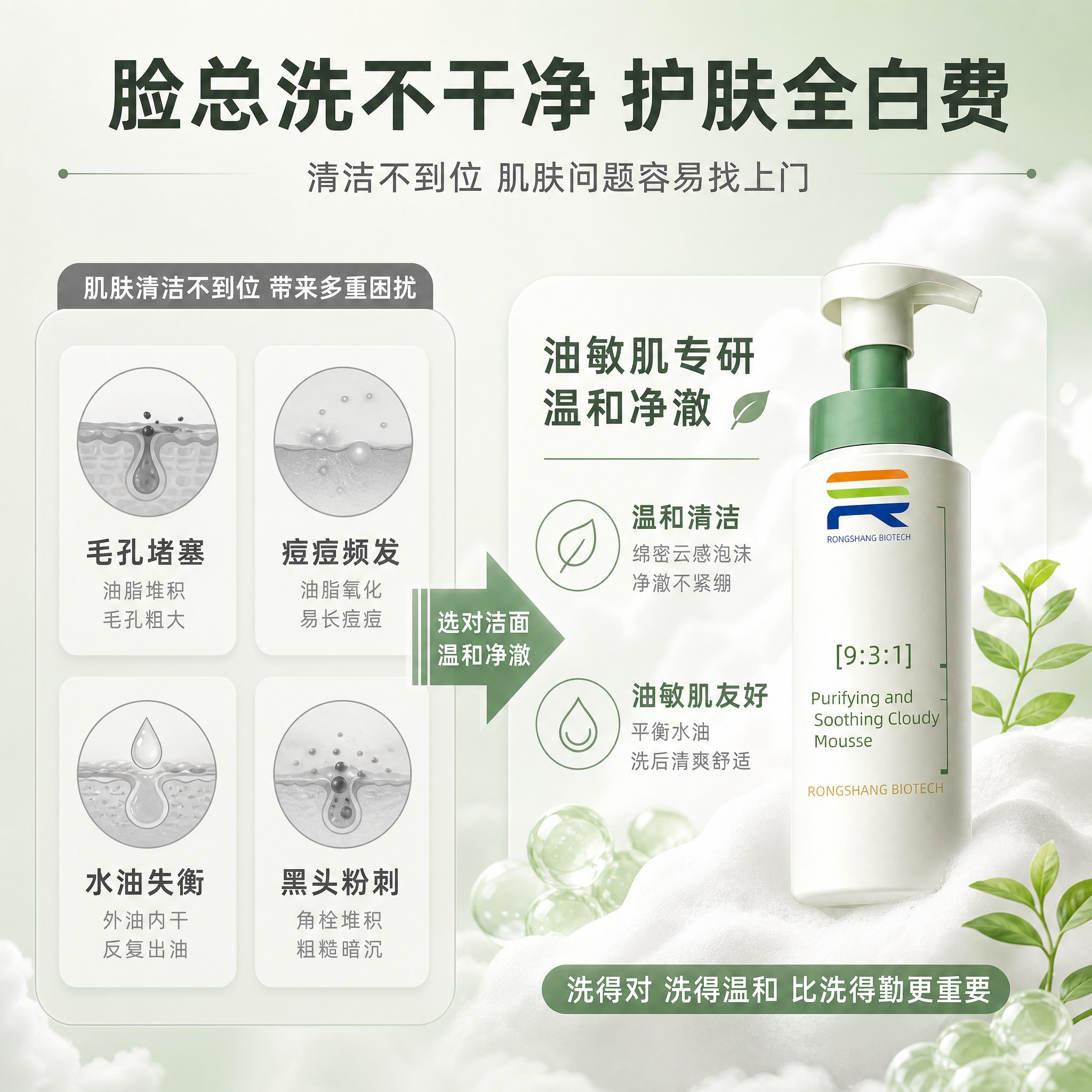 [主图-4] 痛点与解决方案，突出油敏肌友好与温和清洁。 [统… - 图片创意预览