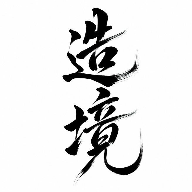 参考图片风格，生成字体设计“造境”，采用大气飘逸毛笔书法风格，飞笔笔触，黑色字体白色背景，竖排排版，保留参考图笔触质感预览效果