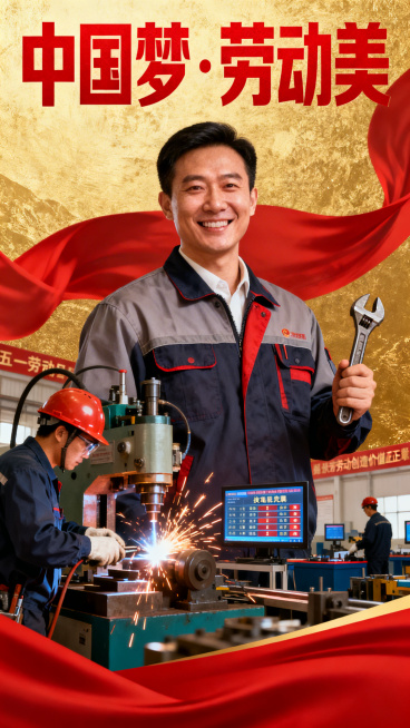 五一劳动节公益宣传海报，主题《中国梦·劳动美》，红色金色庄重配色，展示劳模形象和技能竞赛场景，传递劳动创造价值正能量，竖向海报预览效果