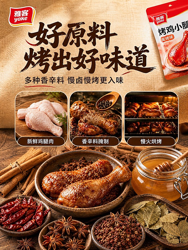 [淘宝-阿图零食铺-3:4主图2] 原料工艺，好原料烤出好味道。淘宝专业品质风格，暖橙米白主色调，深棕标题字，橙红强调色，粗笔刷书法大标题+黑体辅助文案，左上角雅客红色Logo，整体精致有食欲，专业靠谱感。画面上半部分大标题，下半部分展示原料场景：各种香辛料摆放在木桌上，有八角、桂皮、干辣椒、花椒、香叶、蜂蜜罐等，中间有一只腌制中的鸡腿。右上角露出产品包装袋一角。背景暖棕色麻布质感。产品和原料占画面约60%。暖光侧打，突出香料的质感和色泽，真实自然。背景暖棕色，标题深棕色。左上角雅客yake红色Logo。上方大标题"好原料 烤出好味道"粗笔刷书法字，下方小字"多种香辛料 慢卤慢烤更入味"。下方三个圆角方框横向排列：新鲜鸡腿肉 香辛料腌制 慢火烘烤。3:4竖版，文字清晰可读，产品清晰不变形，无水印无平台Logo，无违禁词极限词。负向：变形、错字、模糊、杂乱、悬浮、穿模。