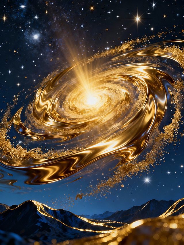 深邃浩瀚的星空背景，以深蓝色为基调，点缀着无数闪烁的金色与白色星辰，中央是一个巨大而明亮的金色螺旋星系，螺旋臂呈现出流动的液态金属质感，闪耀着强烈的鎏金光泽，金色光芒从中心向外辐射，形成明亮的光晕，螺旋线条边缘有细腻的金色粉末状粒子飘散，底部是暗蓝色的山脉轮廓，山脉边缘也被金色流光勾勒，整体画面充满梦幻而壮丽的宇宙氛围，色彩和谐统一，光影对比强烈，金色元素具有极高的金属光泽和质感表现，营造出奢华而神秘的视觉效果。