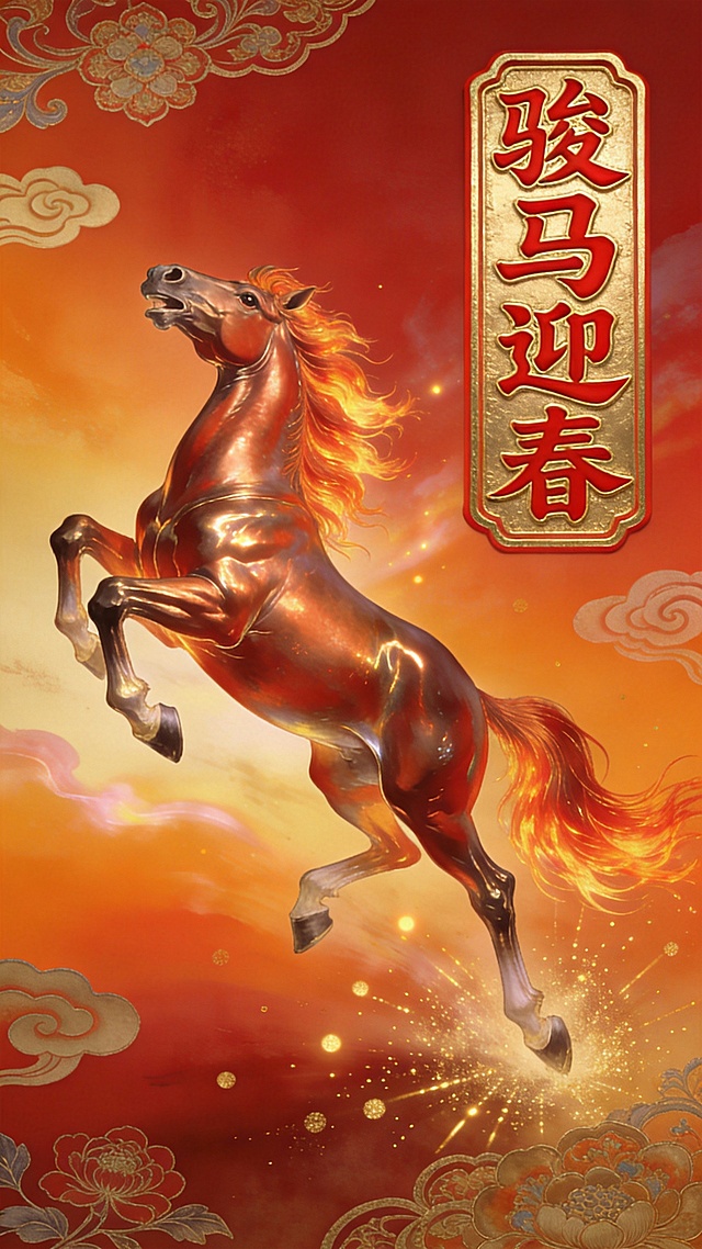 鎏金骏马腾跃于祥云之间，融合国潮风与重拟物设计，光影交织，金属质感十足，喜庆中式古典韵味浓烈，插画风格梦幻而富有体积感，寓意新春吉祥。