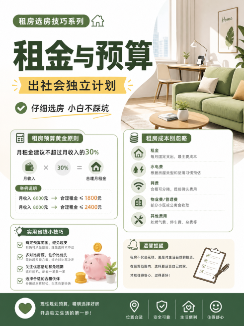 租房选房技巧系列宣传海报，主题是"租金与预算"，副标题：出社会独立计划，标语：仔细选房 小白不踩坑，现代简约实用风格，排版清晰预览效果