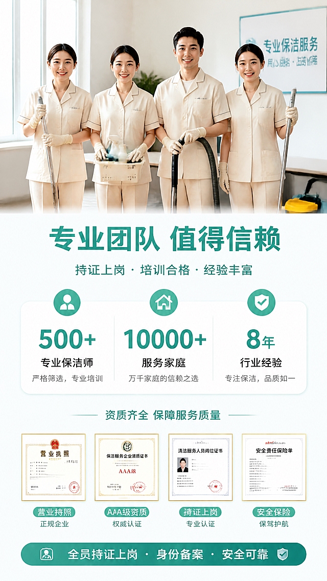 [第6张] 详情页团队实力页-专业保洁团队资质与经验背书。本张使用【图1】中的保洁人员形象作为团队参考。
[氛围/风格] 专业可信的团队展示风格，稳重可靠，企业感强，商业摄影质感。
[元素布局] 画面上半部分展示3-4位穿着统一保洁制服的专业保洁人员团队合影，站姿专业，面带微笑，手持清洁工具；背景为明亮整洁的办公室或培训室环境；下半部分为数据背书和资质展示区域，用数字和图标呈现团队实力。
[光影质感] 正面柔光均匀打亮人物，面部光线柔和自然，背景明亮通透，整体专业大气。
[配色色系] 全局底色 #F5F9F7（浅青白）；主色 #2E8B7A（深青绿）；辅助色白色、金色 #D4AF37 资质点缀、浅蓝。
[视角构图] 正面平视，人物团队在上半部分，数据信息在下半部分，阅读动线顶部团队形象 → 中部标题 → 底部数据资质。
[文字版式] 人物下方主标题「专业团队 值得信赖」，副标题「持证上岗 · 培训合格 · 经验丰富」；底部数据区用三个大数字展示：「500+」专业保洁师、「10000+」服务家庭、「8年」行业经验；每个数字配小标题和一行说明；最下方一行小字「全员持证上岗 · 身份备案 · 安全可靠」。
[比例分辨率] 9:16 竖版比例，4K 分辨率，文字清晰可辨，高清画质。
[负向提示词] 人物变形，表情不自然，水印，文字错乱，颜色偏差，画面昏暗。