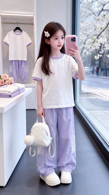 用图1短袖和裤子替换掉图2的模特身上穿的衣服裤子和旁边桌子上折叠的衣服以及后方衣架上挂着的衣服，保留原场景光影，保持图2的人物的五官和发饰不变，姿势不变，背景不变，图片宽高尺寸不变，保持图1的短袖和预览效果