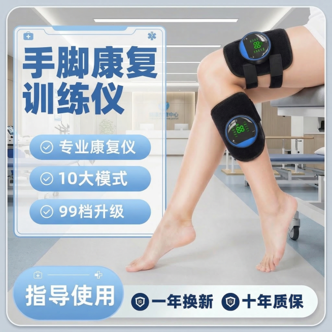 原图片内容保持：手脚康复训练仪产品外观完全不变，文字卖点内容完全不变（文字内容：手脚康复训练仪，专业康复仪，10大模式，99档升级，指导使用，一年换新，十年质保）。修改内容：更换肢体动作为小腿自然弯曲预览效果
